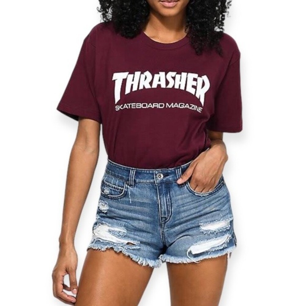 Thrasher Skateboard Mag Burgundy Short Sleeve Cropped T-shirt